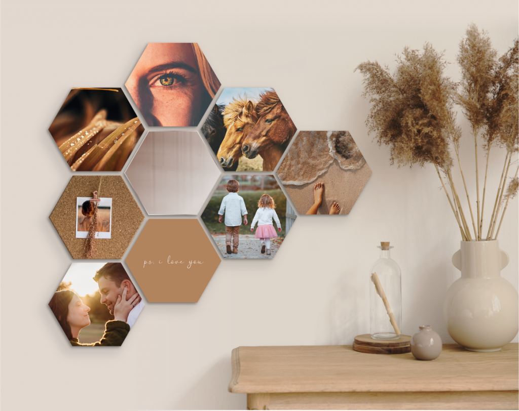 Hexagon fotocollage met vakantiefoto's in zeshoekige vorm voor muurdecoratie